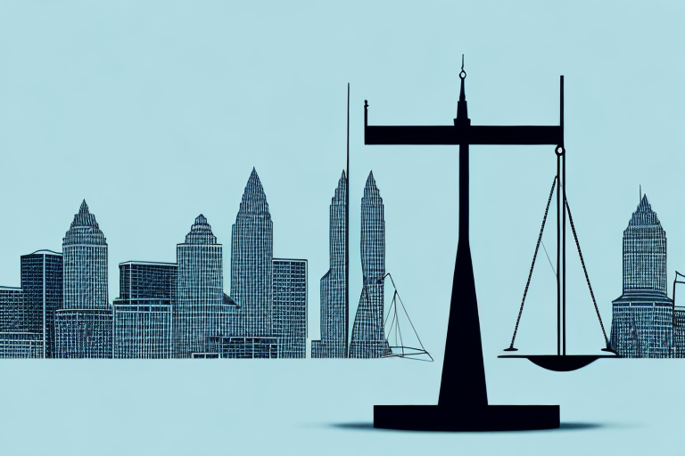 The raleigh skyline with a balance scale symbolizing justice prominently featured in the foreground