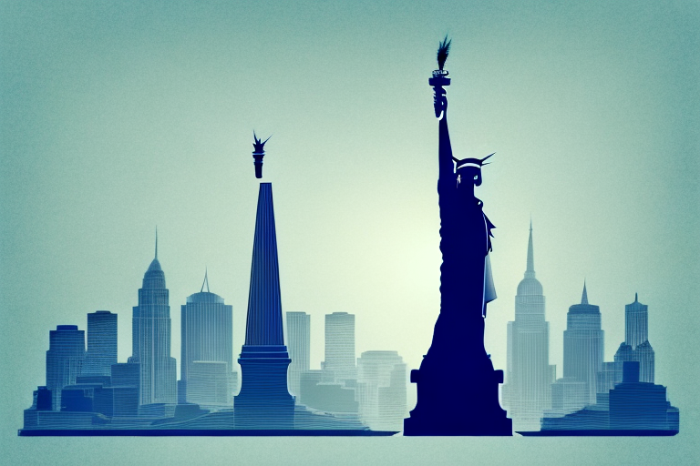 A balanced scale in front of a stylized skyline of syracuse
