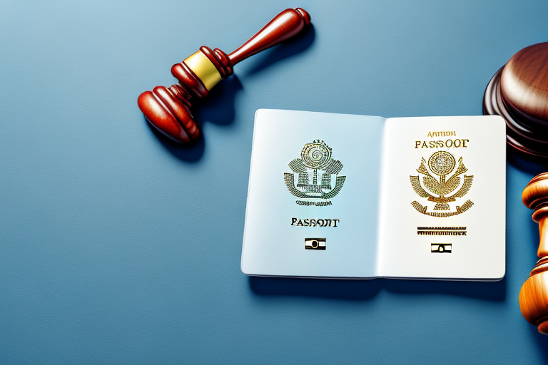 A symbolic balance scale with a passport and a gavel on each side