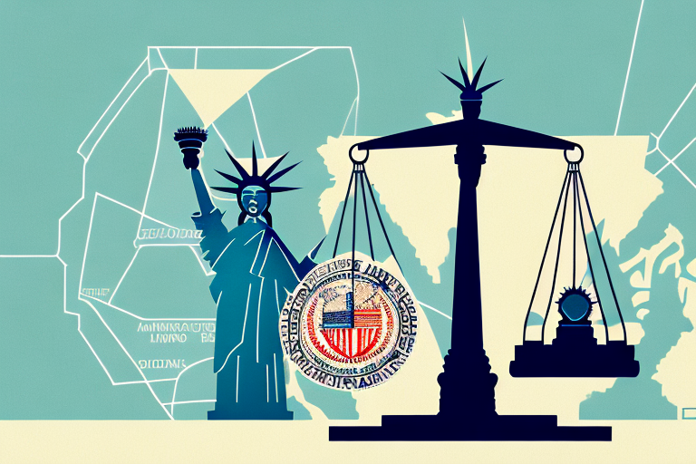 A symbolic balance scale where on one side there is a statue of liberty figurine and on the other side there is a briefcase