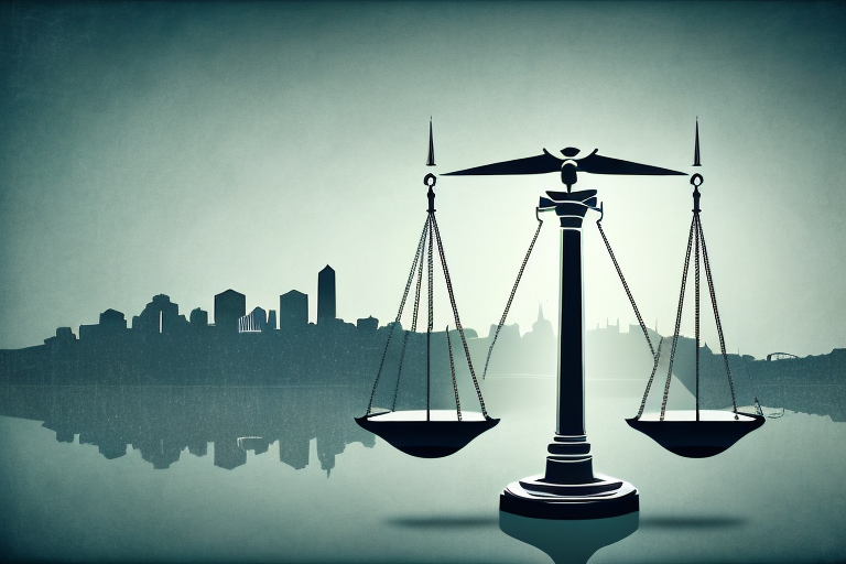A symbolic scale of justice in front of a stylized skyline of the tri cities