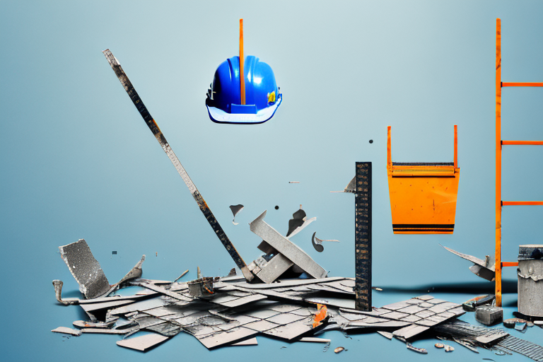 A construction site with visible safety hazards such as a fallen ladder