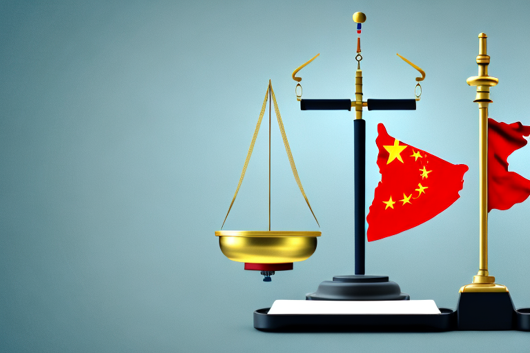 A symbolic balance scale where one side holds a chinese flag and the other side holds a courthouse