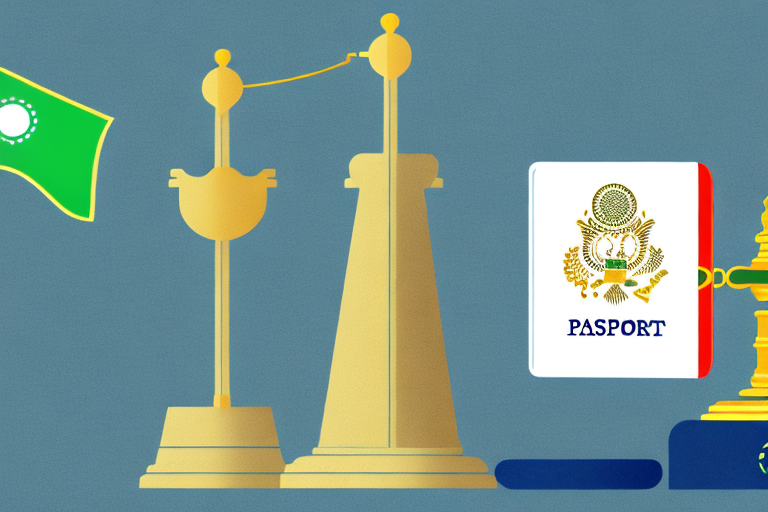 A balance scale with a passport on one side and the ethiopian flag on the other