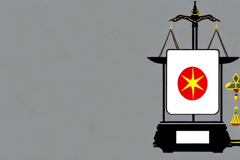 A symbolic balance scale with a nepalese flag on one side and a legal book on the other