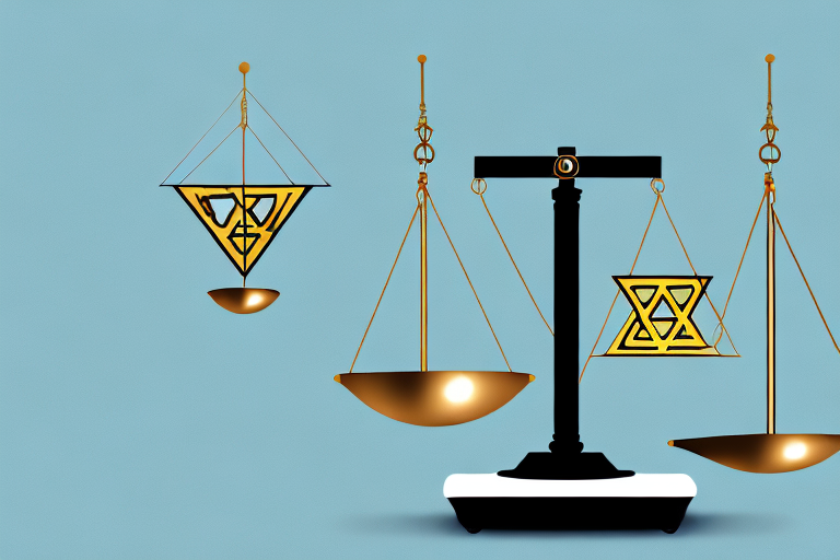 A balance scale with a star of david on one side and a suitcase on the other