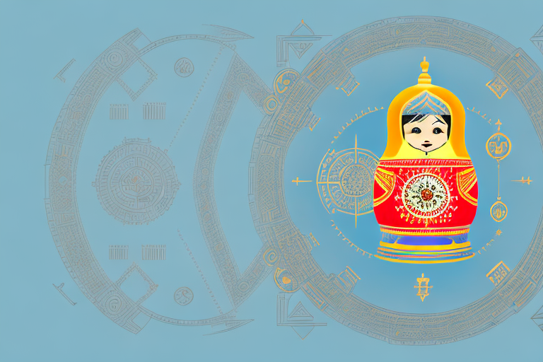 A russian nesting doll (matryoshka) with elements of legal scales and a compass
