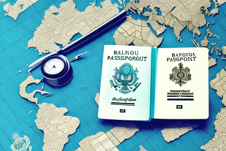 A balance scale with a passport on one side and a legal document on the other