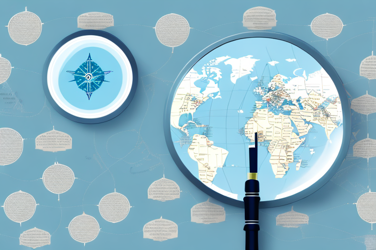 A magnifying glass hovering over a map marked with various global locations