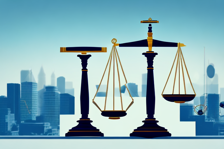 A balanced scale with the greek flag on one side and a court gavel on the other
