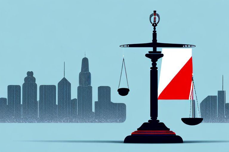 A symbolic balance scale with a polish flag on one side and a gavel on the other