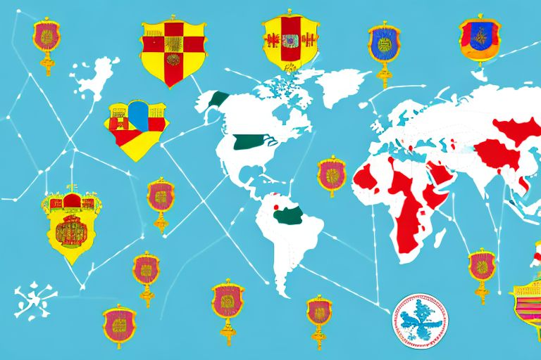 A map showing various geographical locations marked with a symbol of a gavel intertwined with a spanish flag