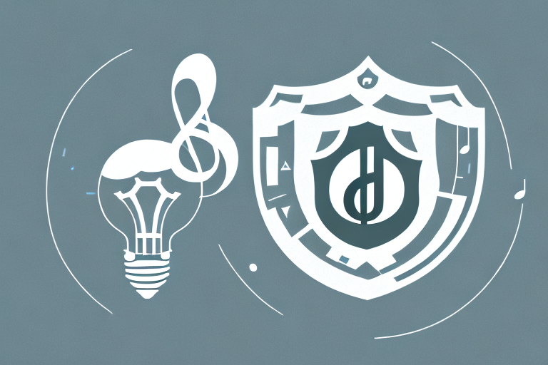 A shield symbolically protecting various icons representing different forms of intellectual property like a light bulb (idea)