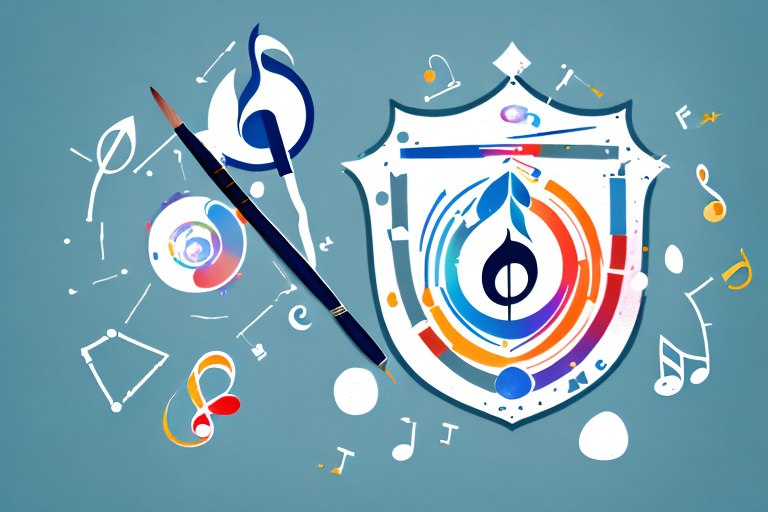 A symbolic representation of an intellectual property lawyer as a shield safeguarding various artistic tools such as a paintbrush