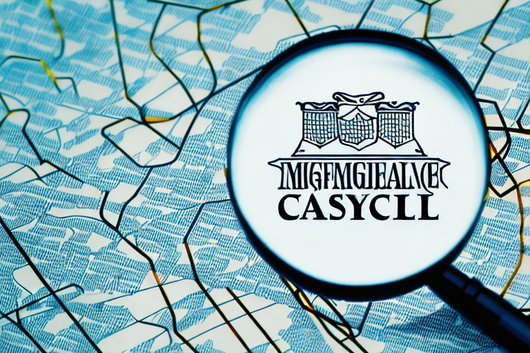 A magnifying glass hovering over a map marked with law scales symbols