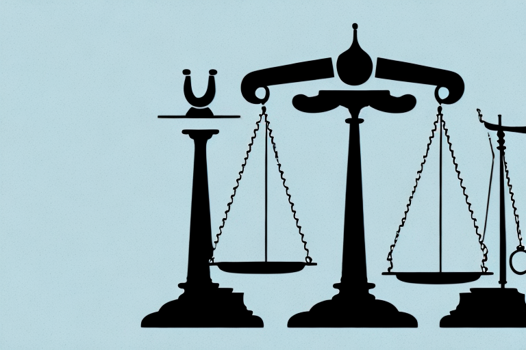 A balanced scale with a trademark symbol on one side and a gavel on the other