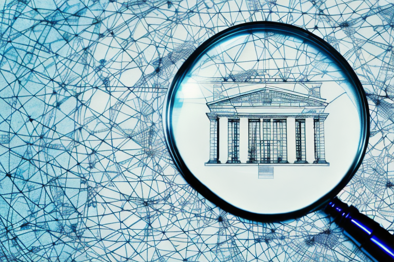 A magnifying glass hovering over a map dotted with symbolic scales of justice