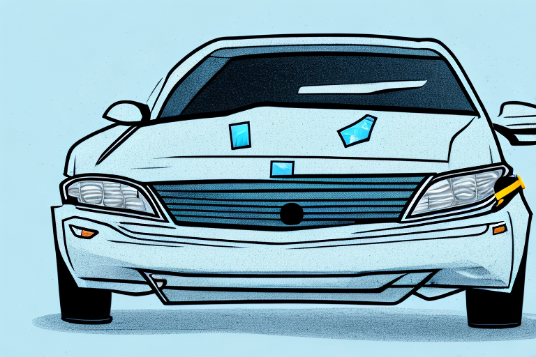 A car with minor dents and scratches parked near a courthouse or legal building