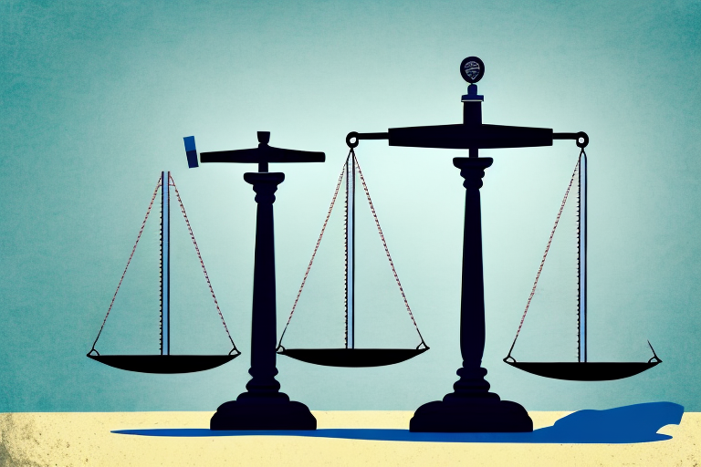 A maritime scene with a symbolic balance scale where one side holds a gavel and the other side holds a ship