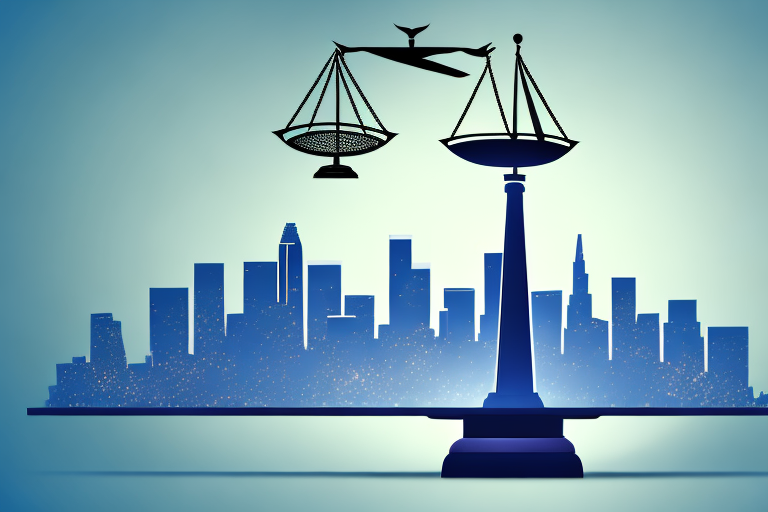 A stylized los angeles skyline with a balance scale integrated into it
