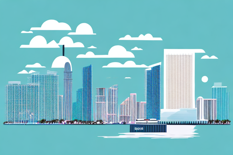 The miami skyline with a balanced scale in the foreground