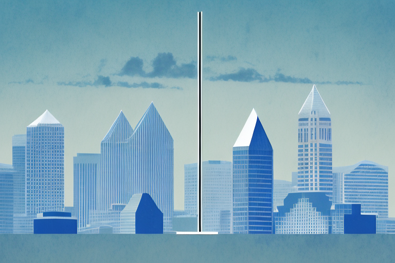 The san diego skyline with a balanced scale in the foreground