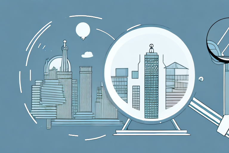 A magnifying glass hovering over a cityscape