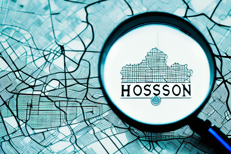 A magnifying glass hovering over a map of houston