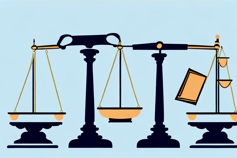 A balanced scale with a gavel on one side and a stack of legal documents on the other