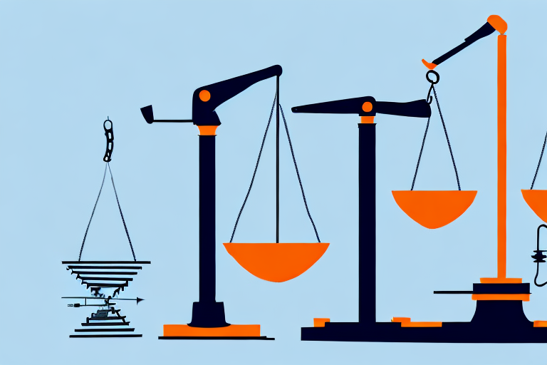 A construction site with various tools and a balance scale
