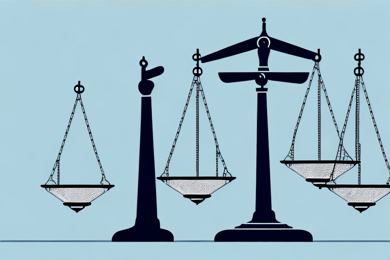 A scale of justice on one side and a stylized building on the other