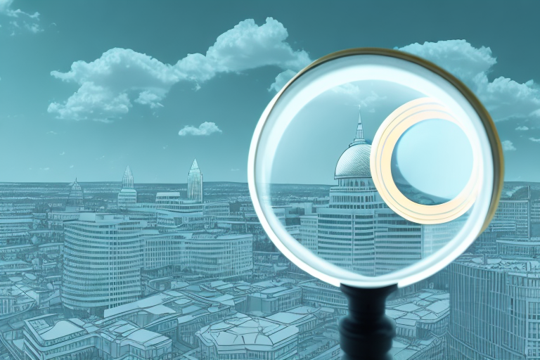 A magnifying glass hovering over a cityscape