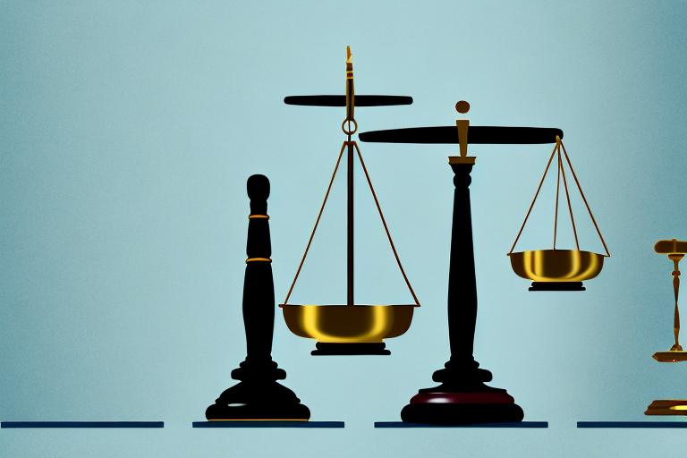 A balance scale with a gavel on one side and a shield symbolizing protection on the other