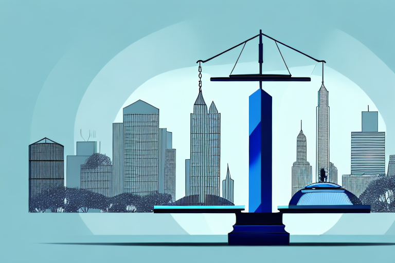 A balanced scale in front of a city skyline