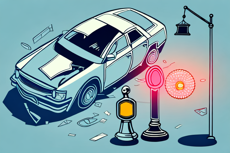 A car accident scene with a broken traffic light and a gavel
