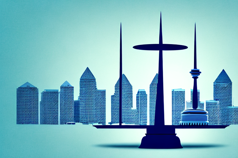 The san diego skyline with a balanced scale symbolizing justice in the foreground
