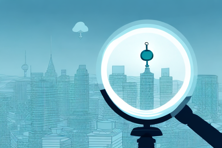A magnifying glass hovering over a cityscape