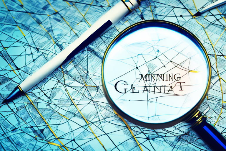 A magnifying glass hovering over a map dotted with gavels