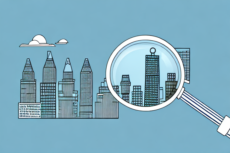 A magnifying glass hovering over a city skyline
