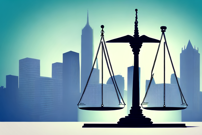 A balanced scale resting on a stack of law books