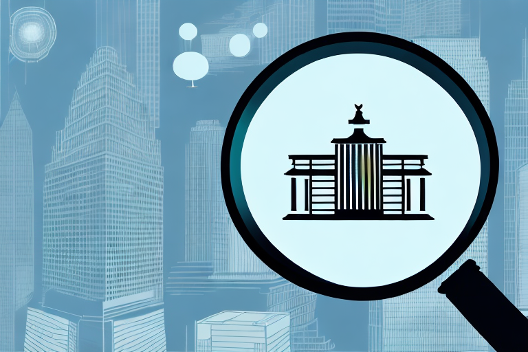 A magnifying glass hovering over a cityscape