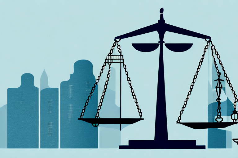 A balanced scale in front of a cityscape