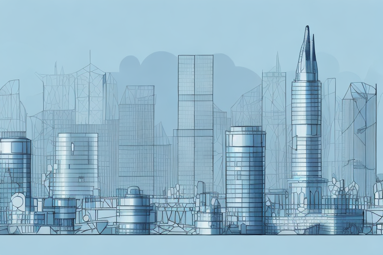 A cityscape with various construction sites and a symbolic justice scale