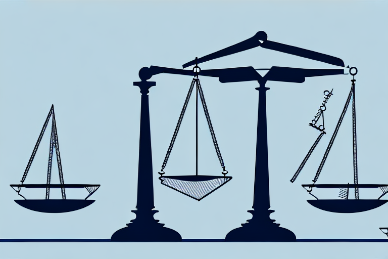A balanced scale with legal documents and corporate buildings on either side
