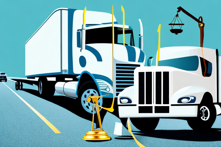 A truck involved in an accident on a los angeles highway with a gavel and a scale symbolizing justice in the background