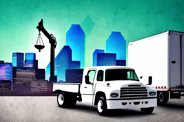 A damaged truck on a dallas cityscape background