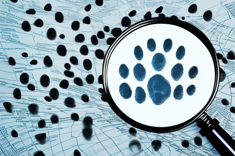 A magnifying glass hovering over a map dotted with pet paw prints and gavels