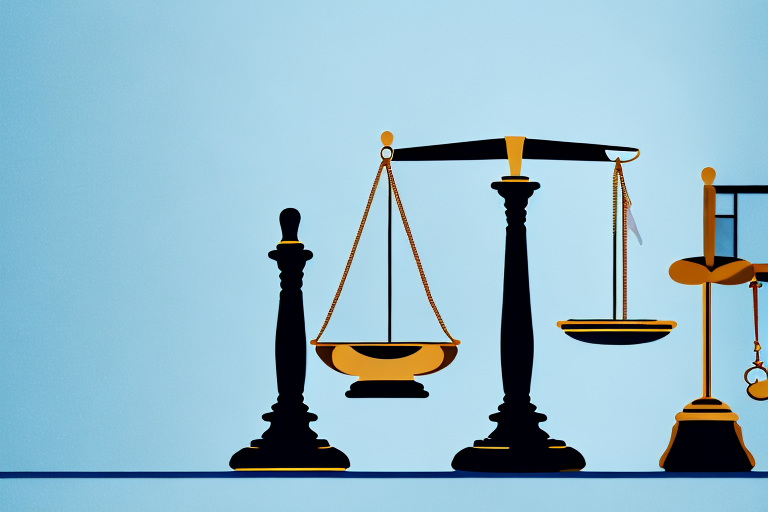 A balanced scale with a gavel on one side and a medical cross symbol on the other