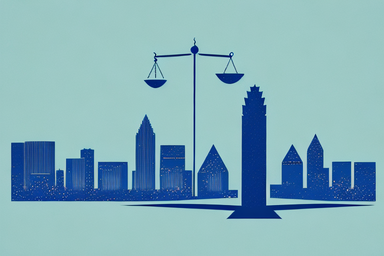 The dallas skyline with a balance scale integrated into the design