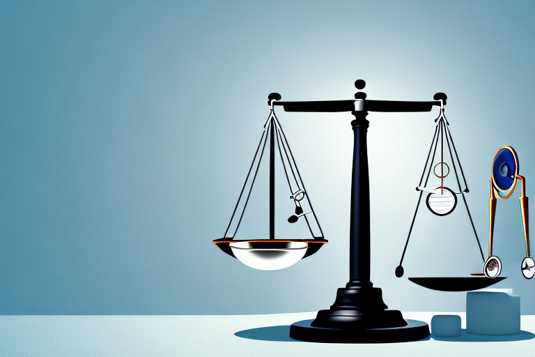 A symbolic balance scale with a stethoscope and a gavel on each side